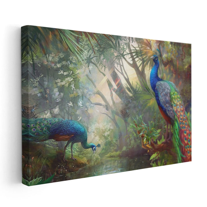 Two Beautiful Peacocks In the Forest Painting Print - Canvas Print Wall Art