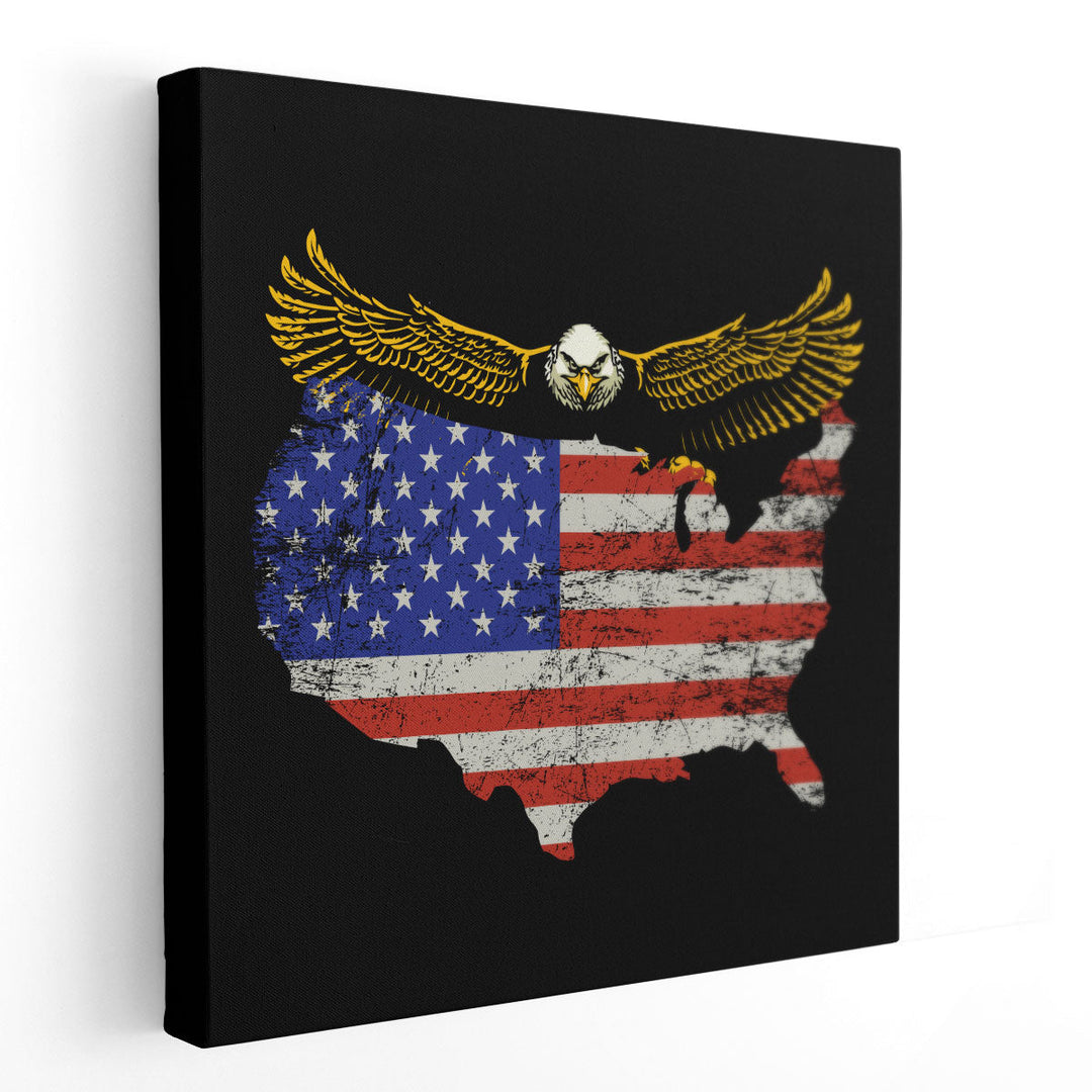 USA Map Shape Flag With An Eagle - Canvas Print Wall Art