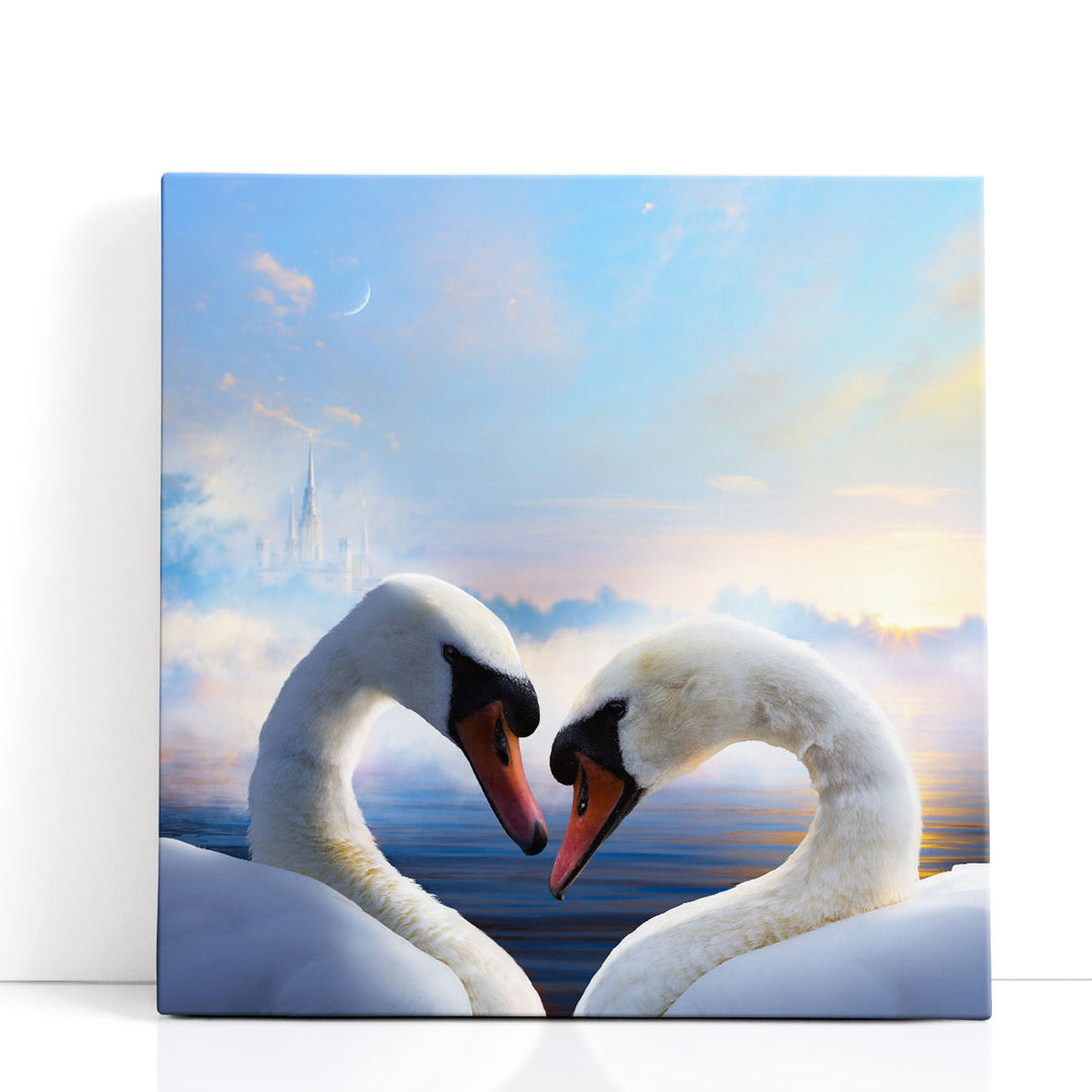 Pair of Swans in Love at Sunrise - Canvas Print Wall Art