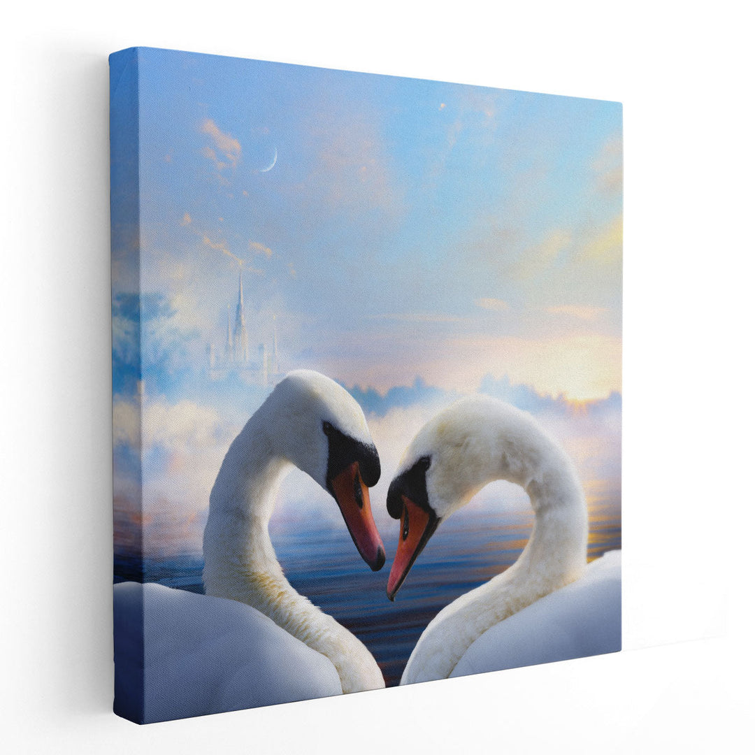 Pair of Swans in Love at Sunrise - Canvas Print Wall Art