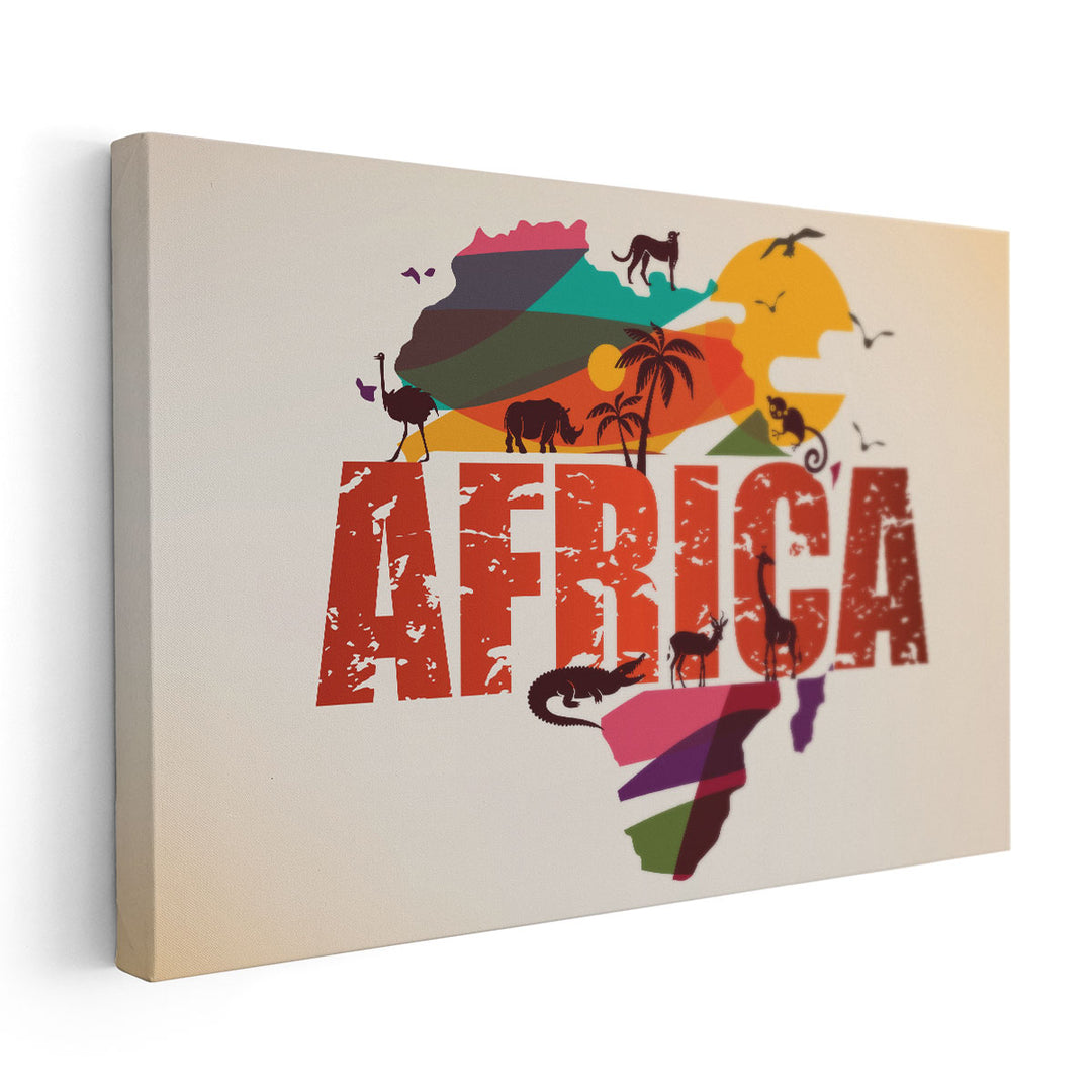 Africa Map With Wild Animals Silhouettes - Canvas Print Wall Art