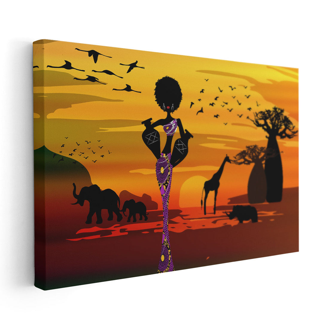 An African Woman Carrying Water In The Pots In Traditional Ankara Dress - Canvas Print Wall Art