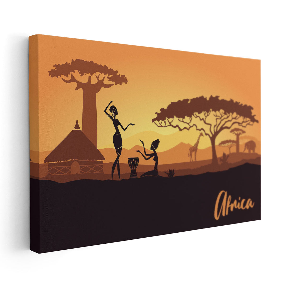 Silhouettes Of Tribal Women During Sunset, An African Landscape - Canvas Print Wall Art