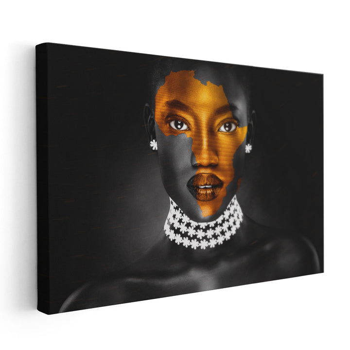 Africa Map Symbol On Black Women Face - Canvas Print Wall Art