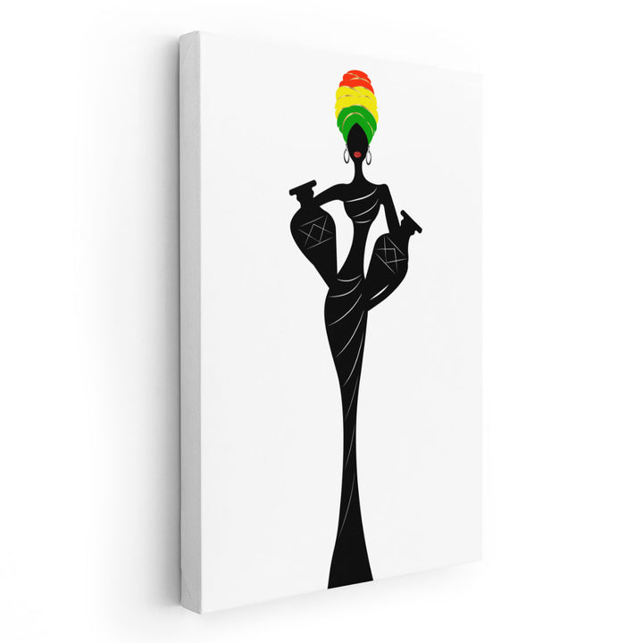 Silhouette Of A Beautiful African Woman With A Turban and Amphorae - Canvas Print Wall Art