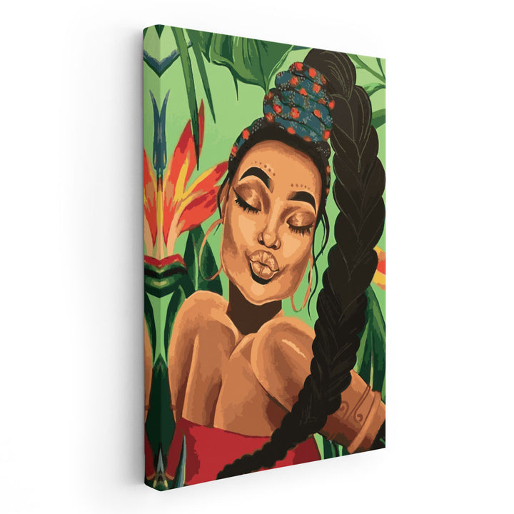 Black Woman Portrait, Afro Art With Tropical Background - Canvas Print Wall Art