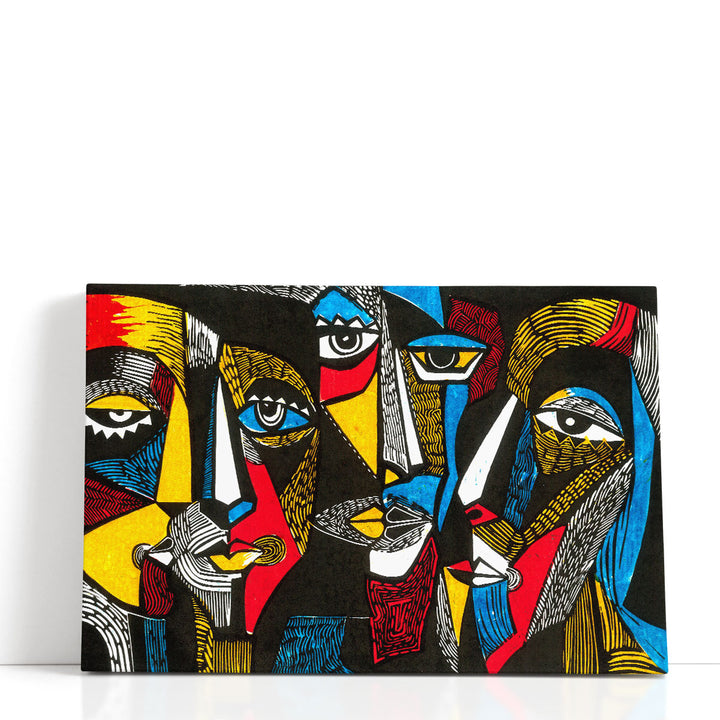Modern illustration Abstract Art Print Linocut Style, Surreal Colored Faces - Canvas Print Wall Art