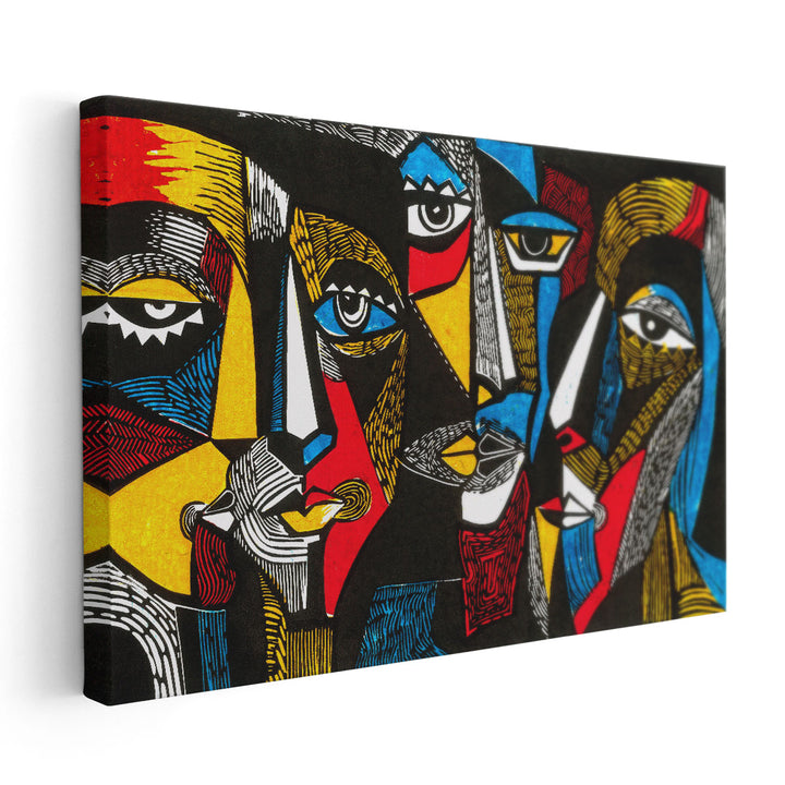 Modern illustration Abstract Art Print Linocut Style, Surreal Colored Faces - Canvas Print Wall Art