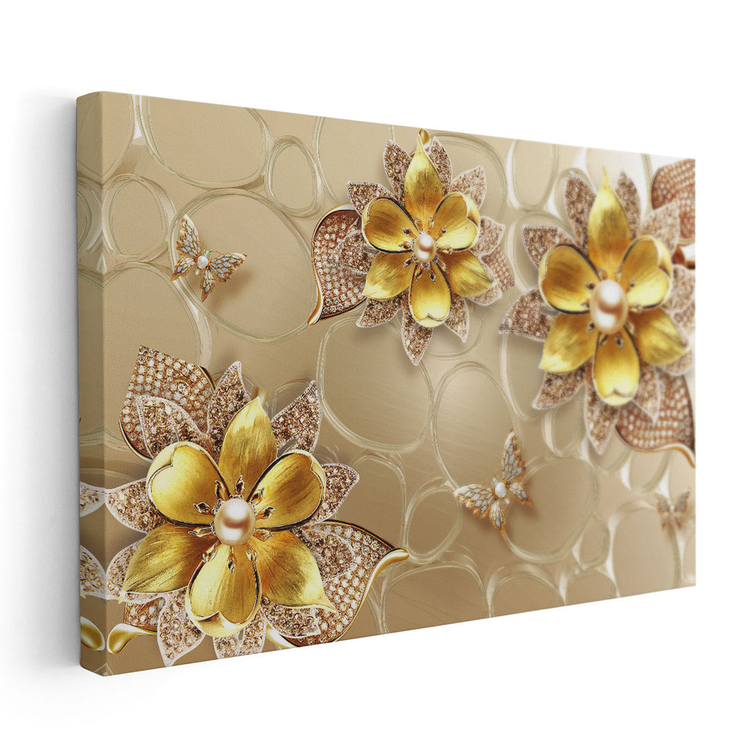 Golden Butterfly and Flower Abstract Art - Canvas Print Wall Art