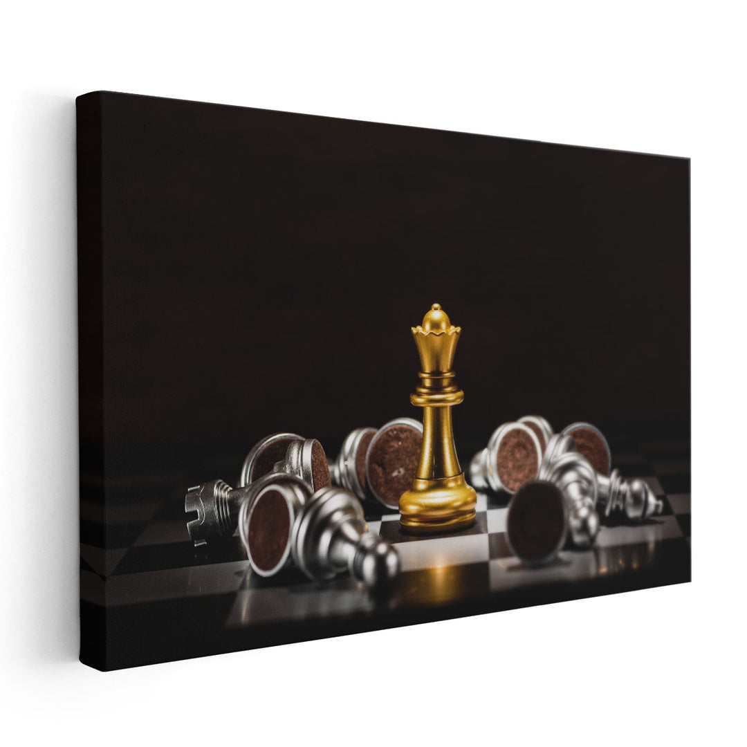 Golden Queen and Fallen Silver Chess Pieces - Canvas Print Wall Art