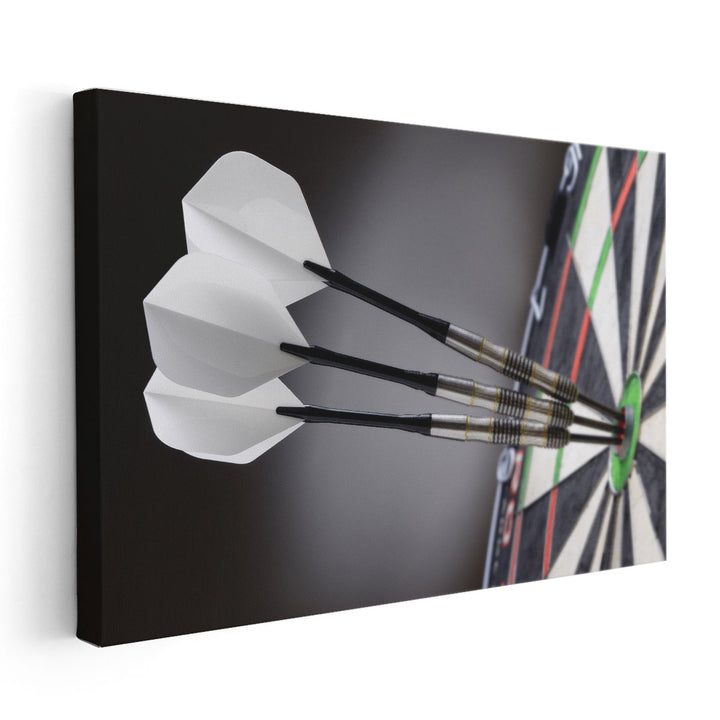 Three Darts in Bullseye of Dartboard - Canvas Print Wall Art