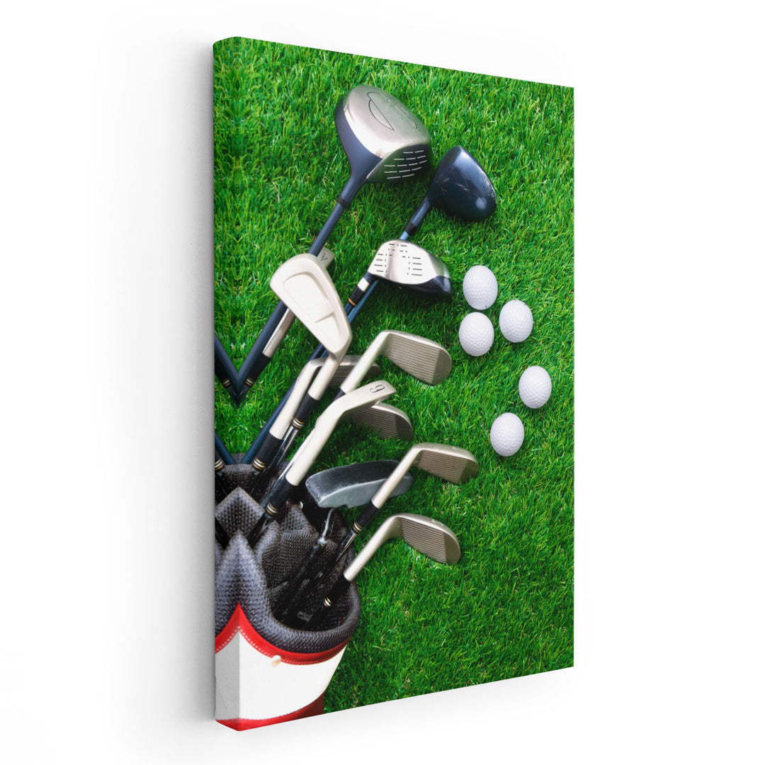 Golf Ball and Golf Club in Bag on Green Grass - Canvas Print Wall Art