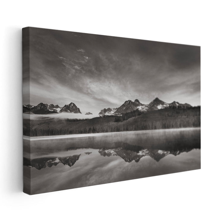 Little Redfish Lake at Sunrise Black and White - Canvas Print Wall Art