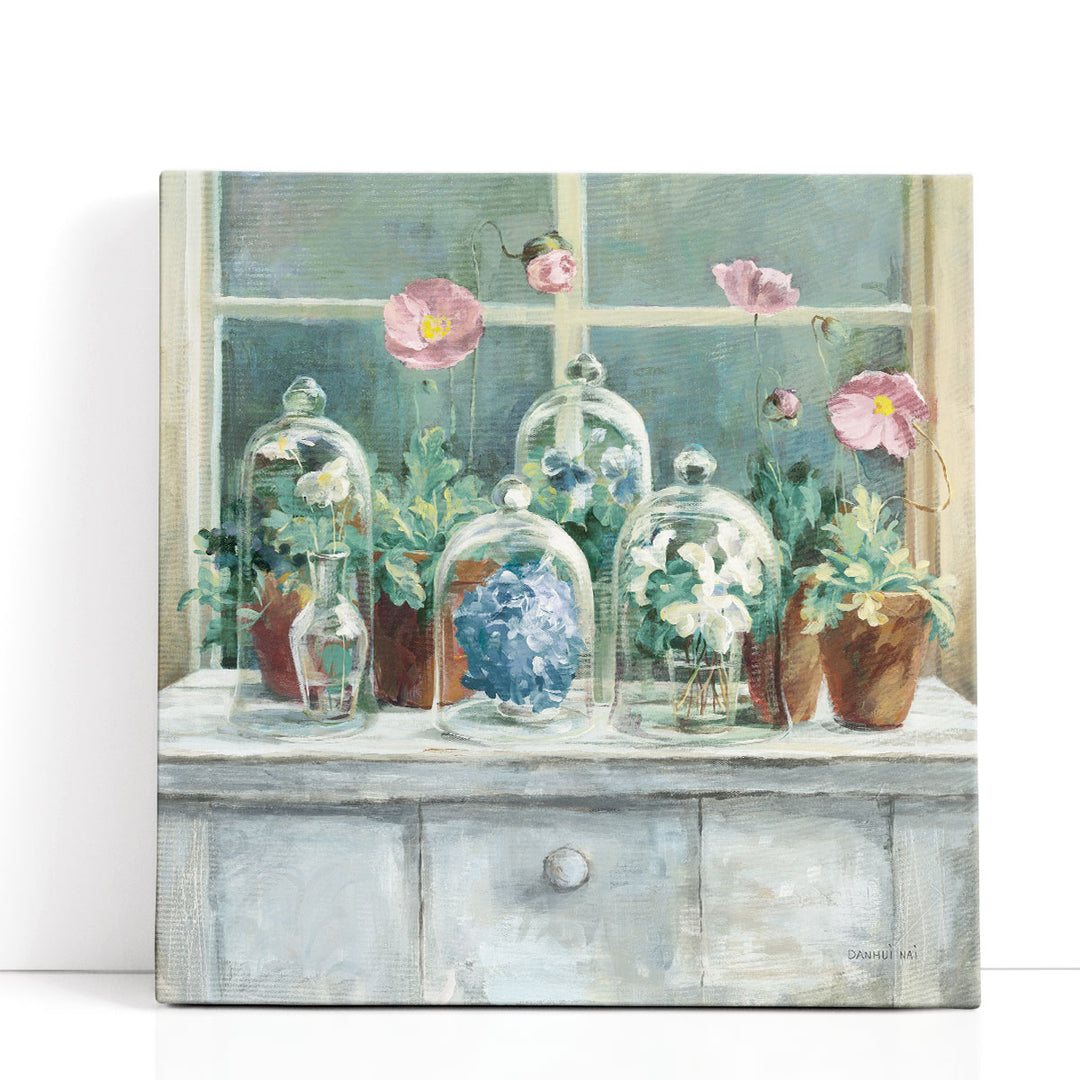 Purple Poppies Windowsill Vintage - Canvas Print Wall Art