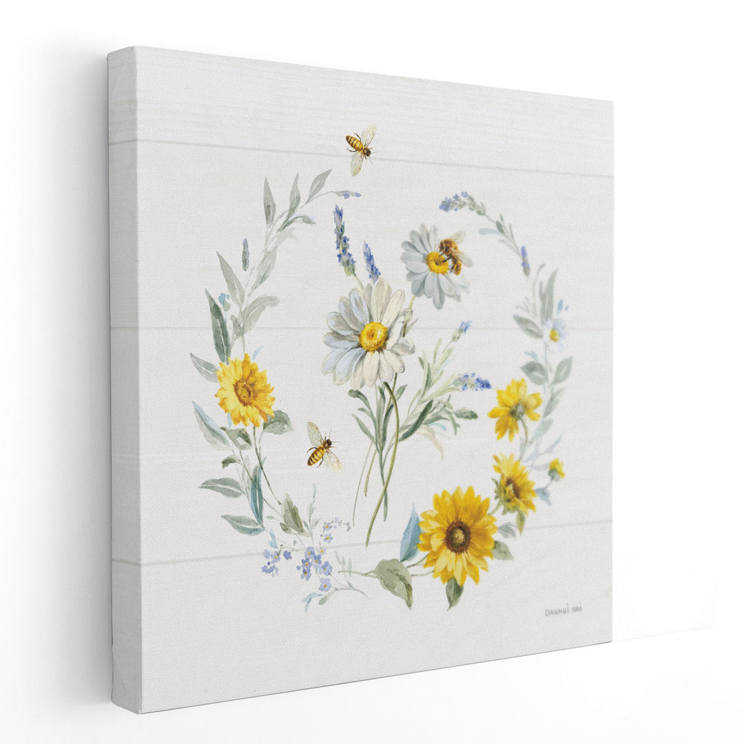 Bees and Blooms Flowers II with Wreath - Canvas Print Wall Art