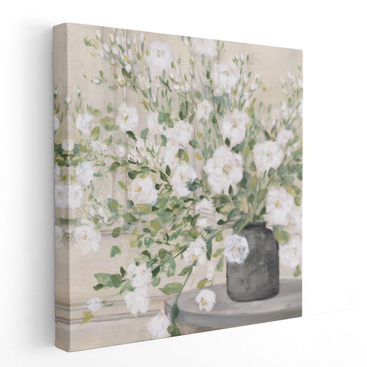 White Bouquet Gray Vase - Canvas Print Wall Art