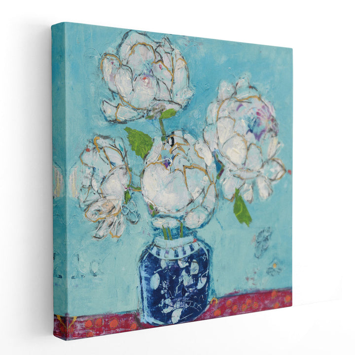 Vase of Peonies Aqua - Canvas Print Wall Art