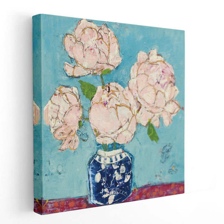 Vase of Peonies Aqua Coral - Canvas Print Wall Art