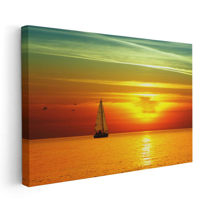 Beautiful Sea Sunset n Boat - Canvas Print Wall Art