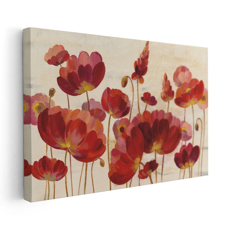 Red Flowers on Cream - Canvas Print Wall Art