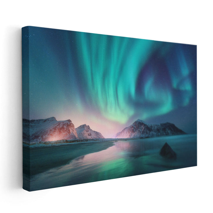 Winter Landscape With Aurora Borealis, Lofoten Islands - Canvas Print Wall Art