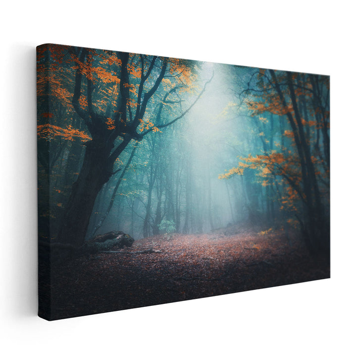 Mystical Forest in Blue Fog in Autumn - Canvas Print Wall Art