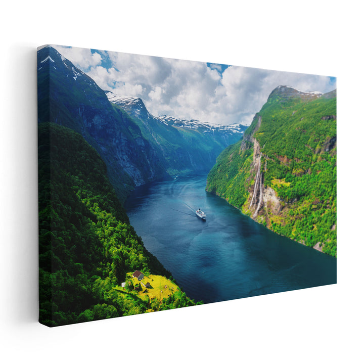 Sunnylvsfjorden Fjord, Seven Sisters Waterfalls, Norway - Canvas Print Wall Art