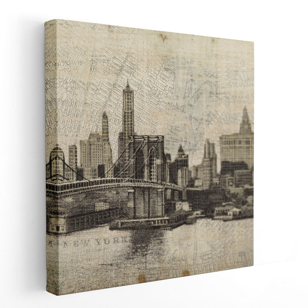 Vintage NY Brooklyn Bridge Skyline III - Canvas Print Wall Art