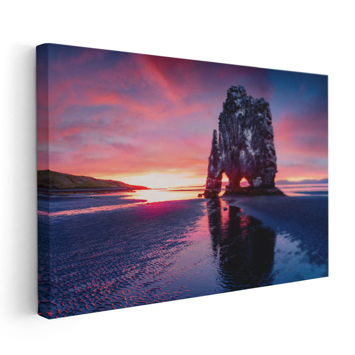 Sunrise at Basalt Stack Hvitserkur at Northwest Iceland - Canvas Print Wall Art