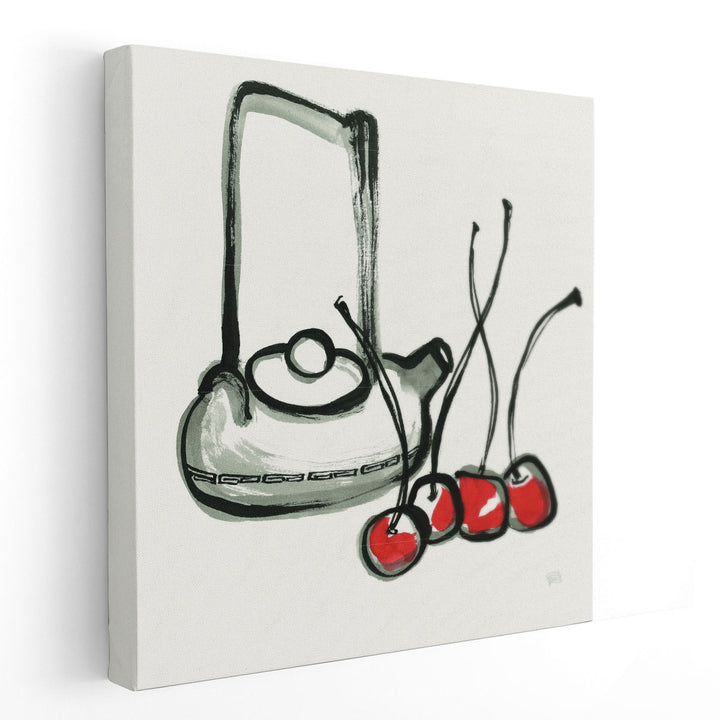 Tea and Cherries Black and White - Canvas Print Wall Art