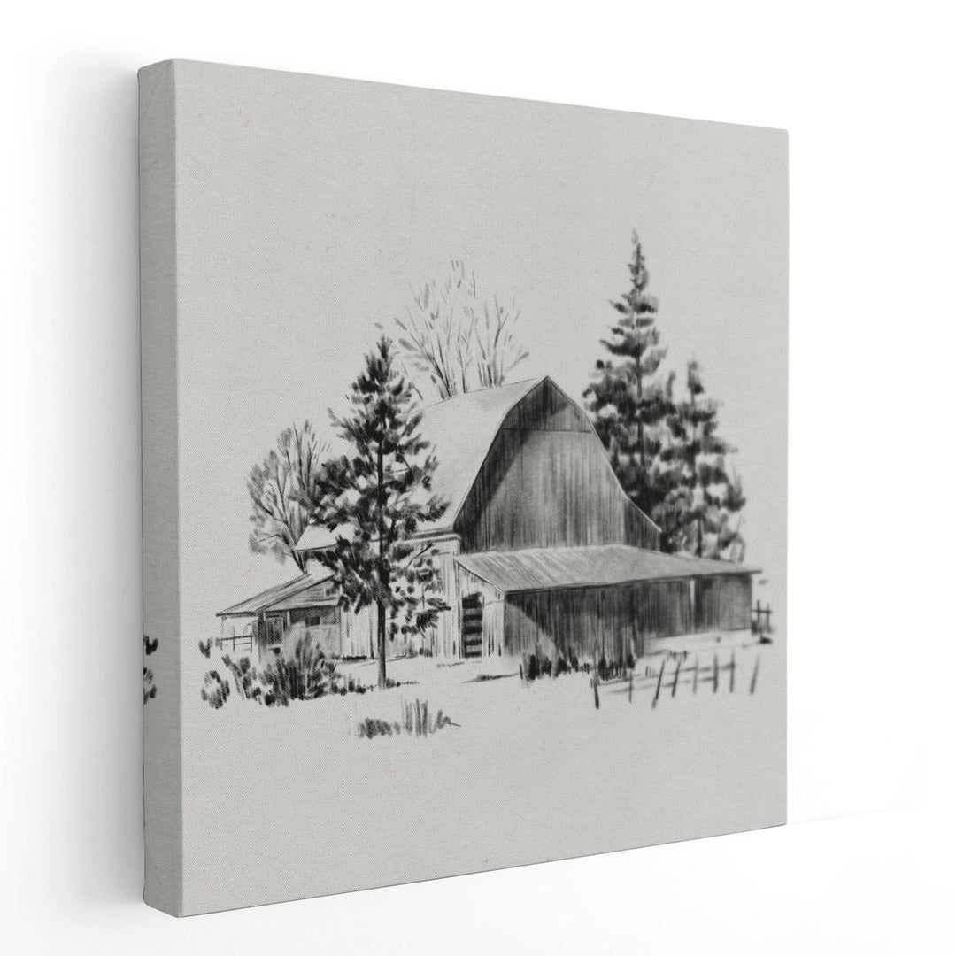 Distant Barn Sketch II Black And White - Canvas Print Wall Art