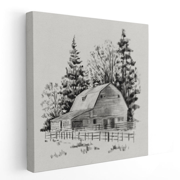 Distant Barn Sketch I Black And White - Canvas Print Wall Art