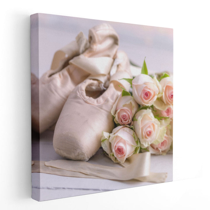 Ballet Slippers with Bunch of Roses on the Floor - Canvas Print Wall Art