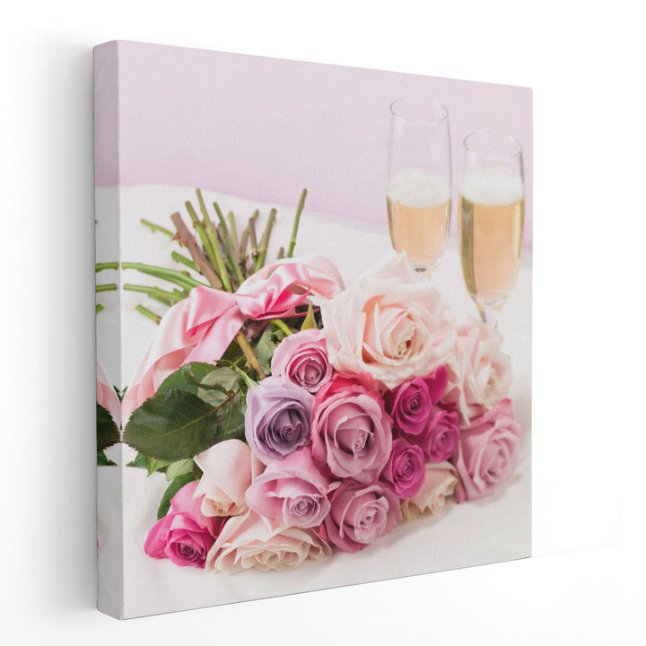 Bouquet of Roses with Champagne Glasses - Canvas Print Wall Art