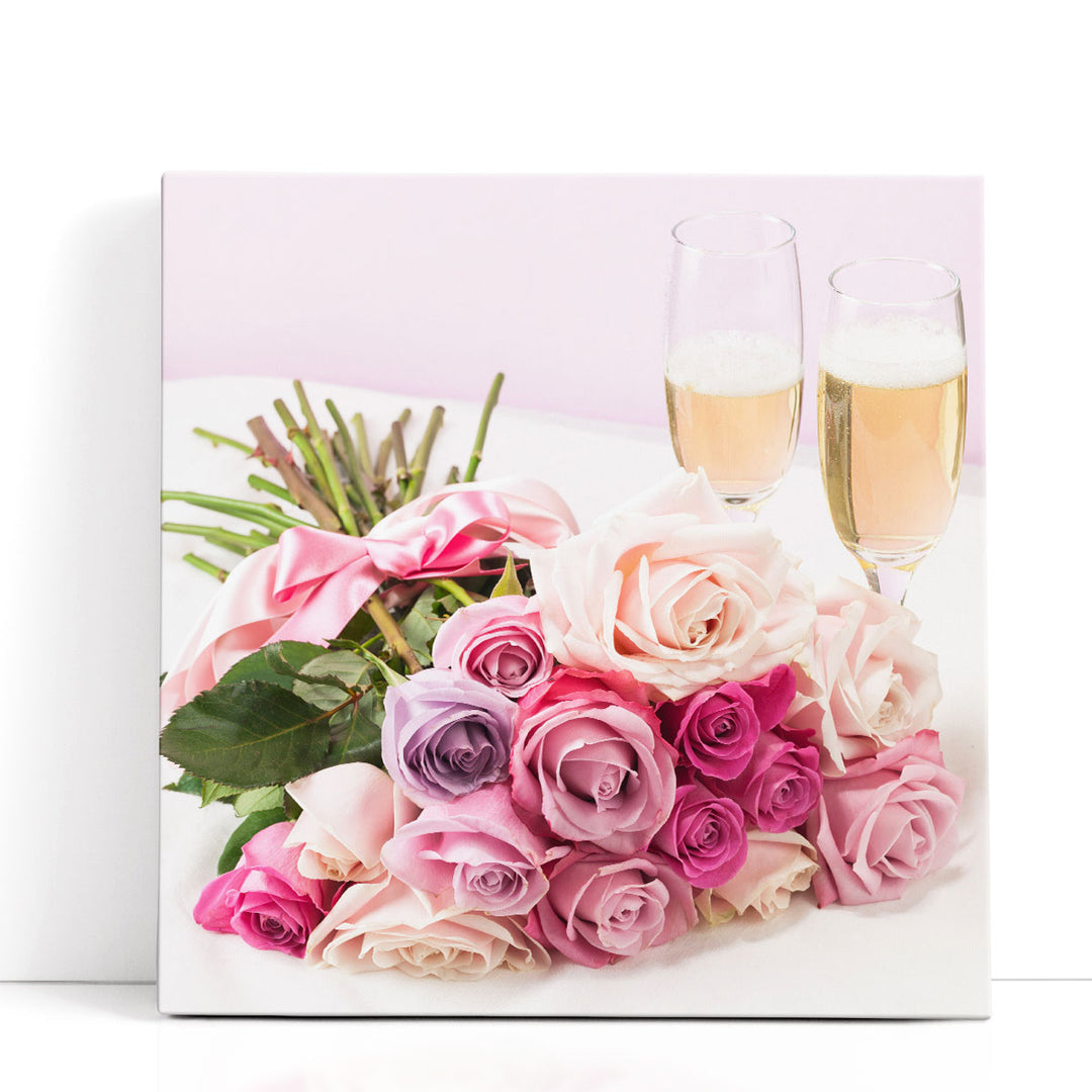 Bouquet of Roses with Champagne Glasses - Canvas Print Wall Art