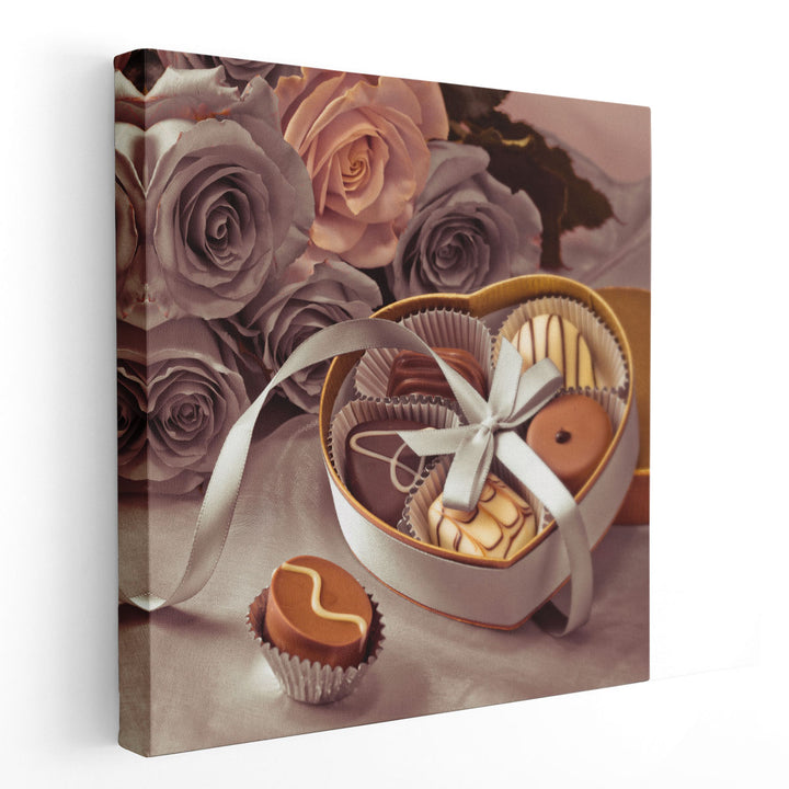 Chocolate Gift Box with Roses 1 - Canvas Print Wall Art