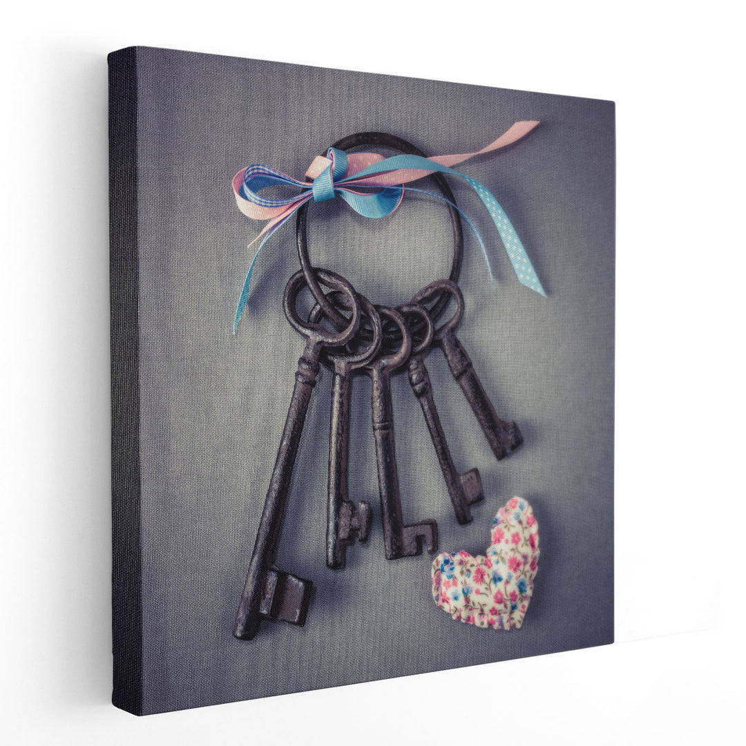 Old Keys with Ribbons and a Heart - Canvas Print Wall Art