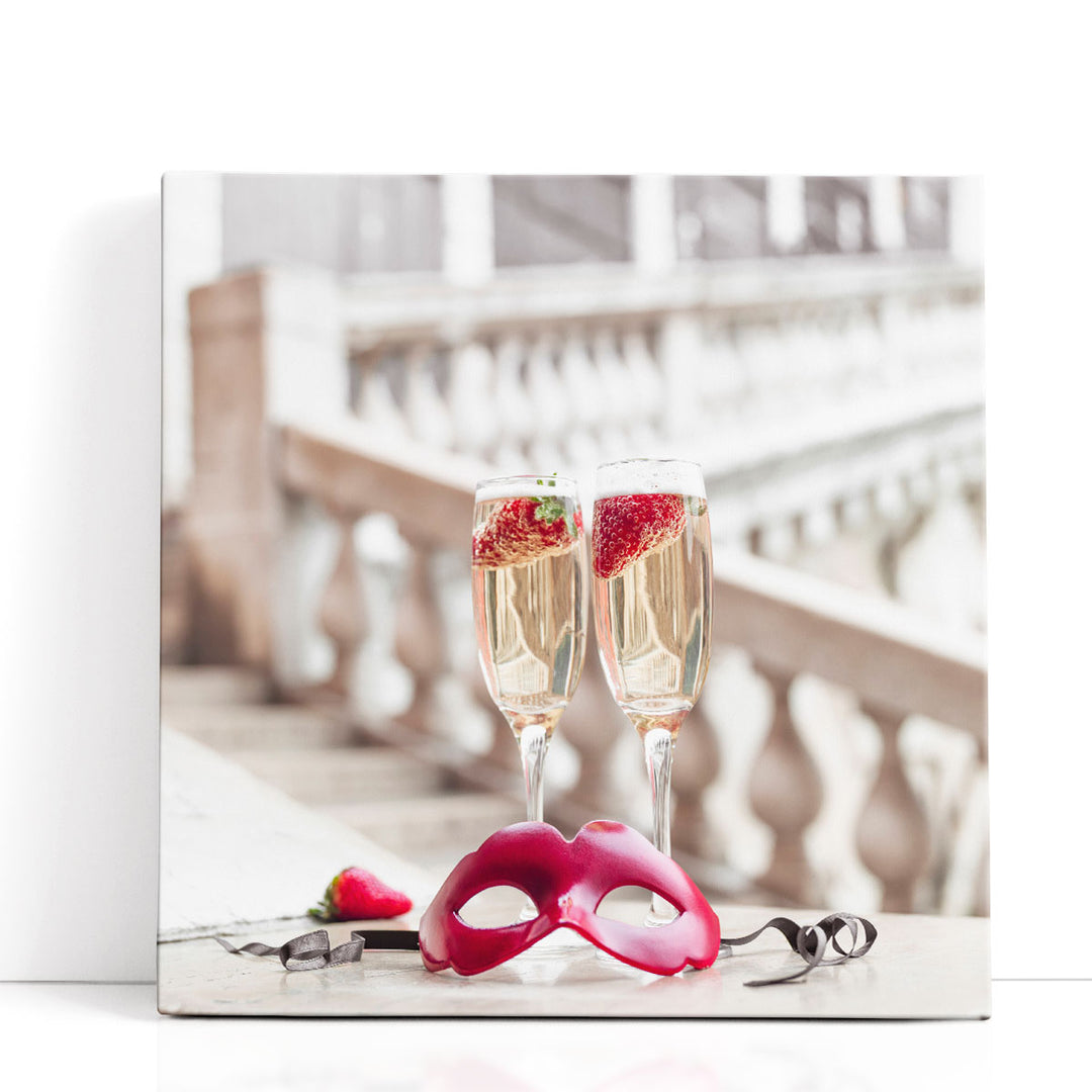 Venetian Mask and Champagne Glasses, Rialto Bridge, Venice - Canvas Print Wall Art