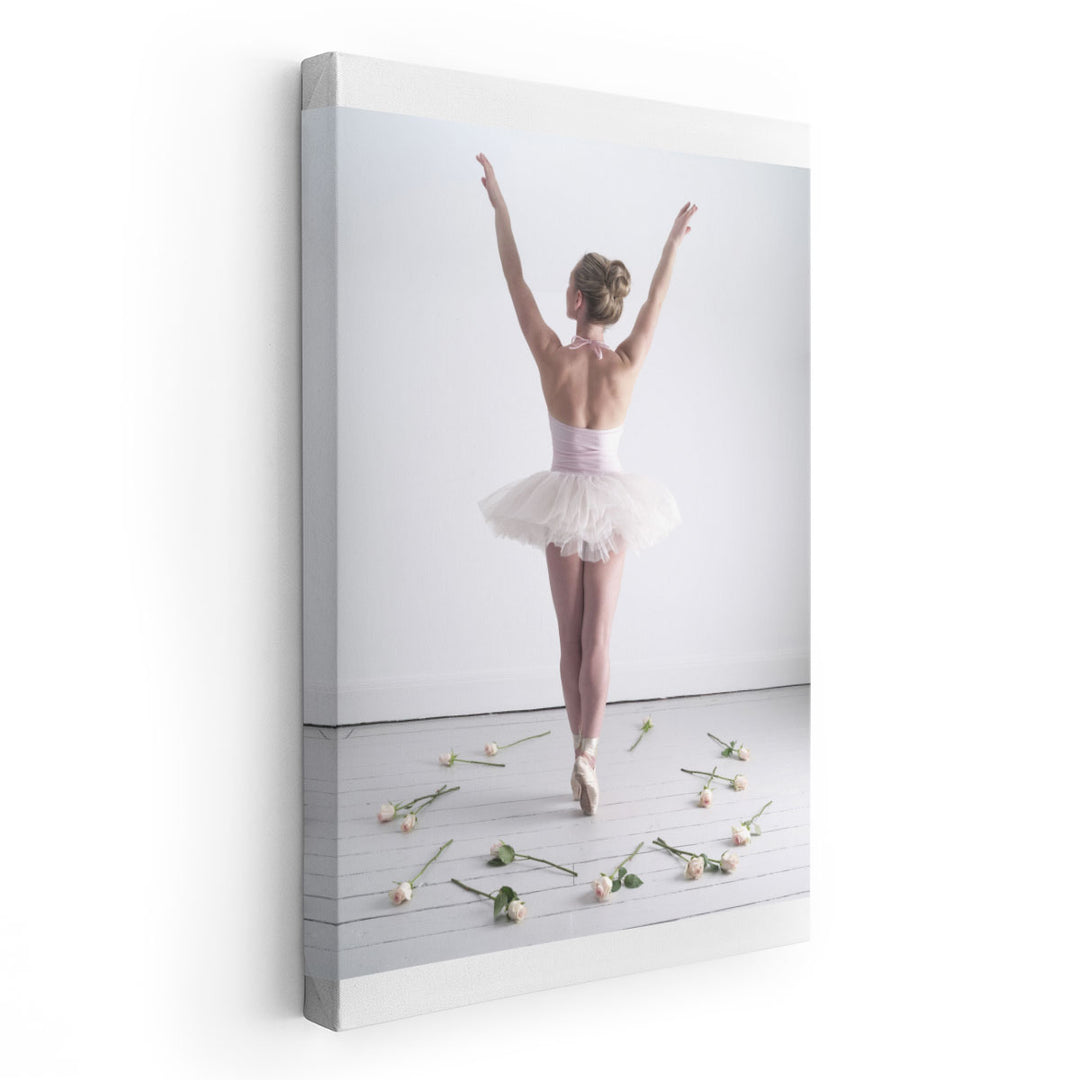 Young Ballerina Dancing with Roses on the Floor - Canvas Print Wall Art