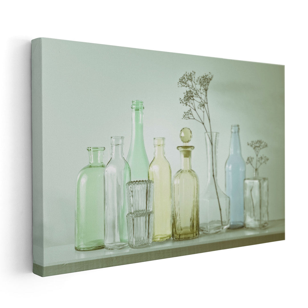 Antique Bottles in a row 2 - Canvas Print Wall Art