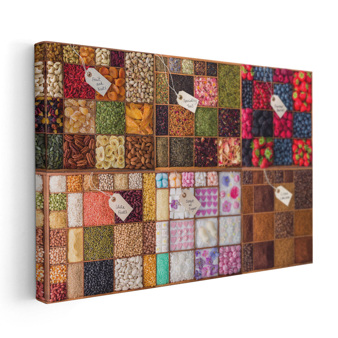 Collage of Food Ingredients in Wooden Boxes - Canvas Print Wall Art