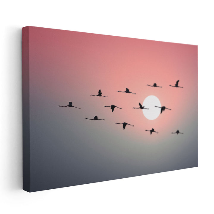 Flock of Flamingos Flying in Sky during Sunset - Canvas Print Wall Art