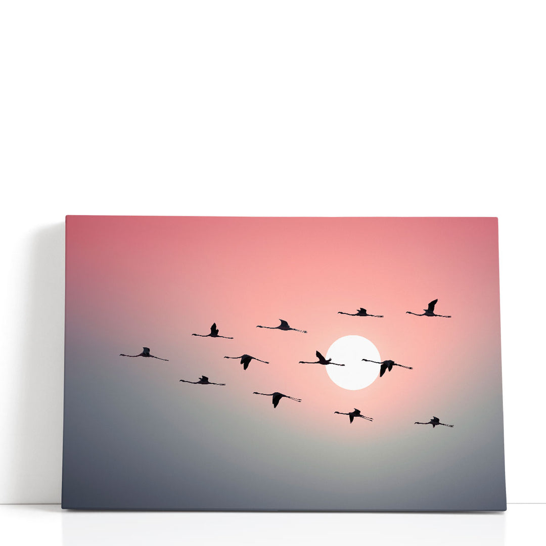 Flock of Flamingos Flying in Sky during Sunset - Canvas Print Wall Art