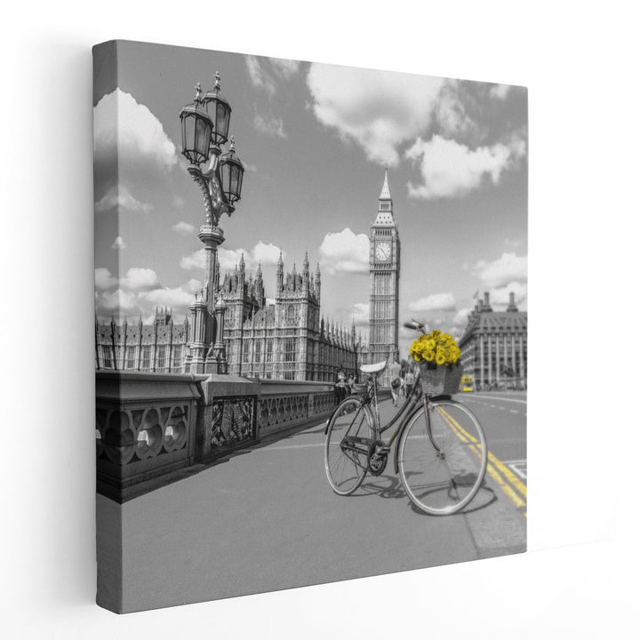 Bicycle with Bunch of Flowers on Westminster Bridge - Canvas Print Wall Art