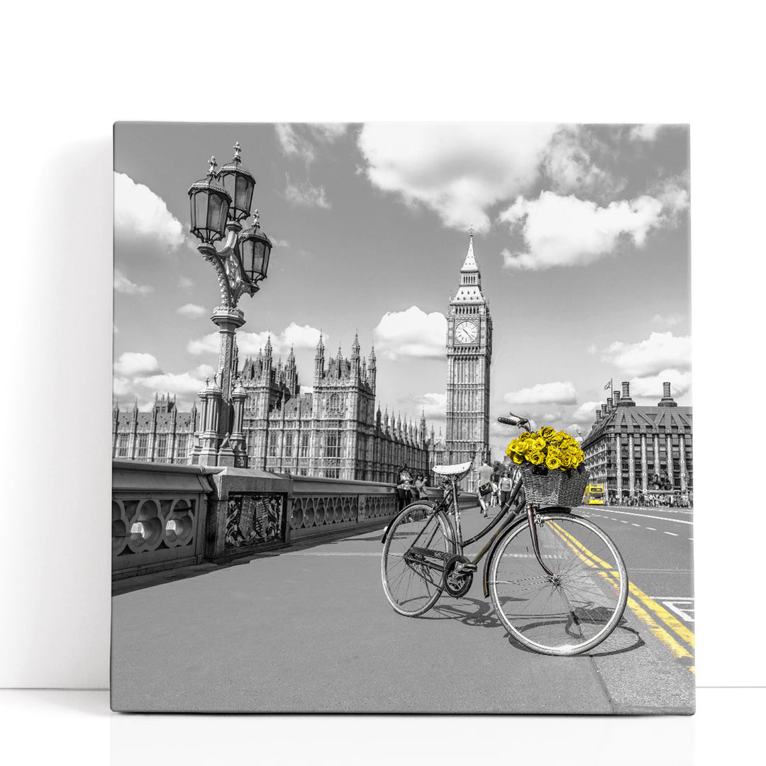 Bicycle with Bunch of Flowers on Westminster Bridge - Canvas Print Wall Art