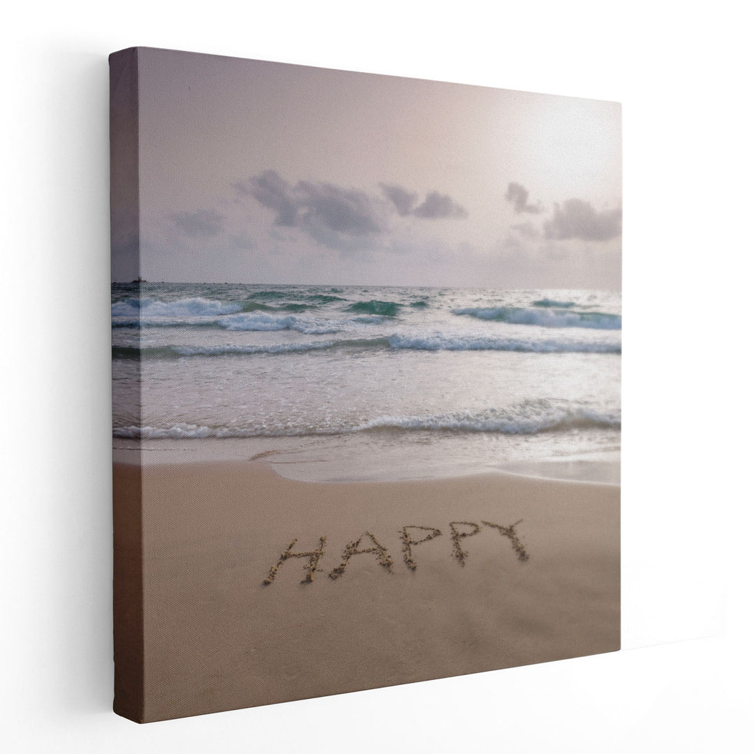 Happy Written on Beach - Canvas Print Wall Art