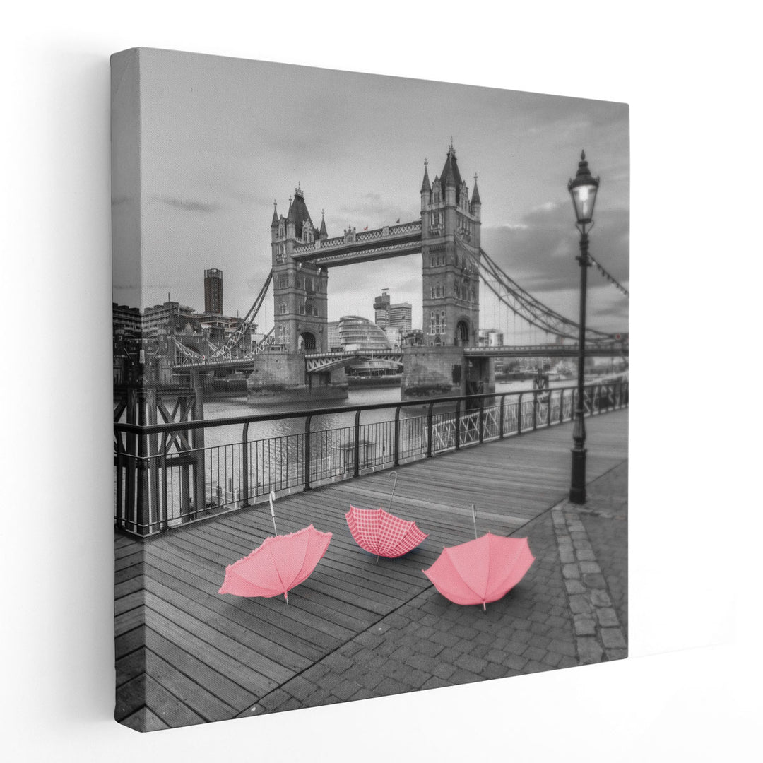 Pink Umbrellas at Tower Bridge - Canvas Print Wall Art