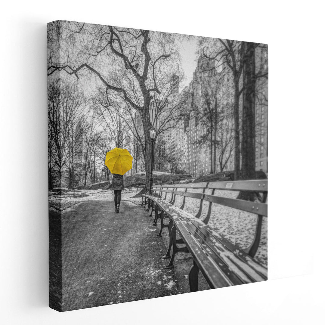 Tourist on Pathway with Yellow Umbrella at Central park, New York - Canvas Print Wall Art