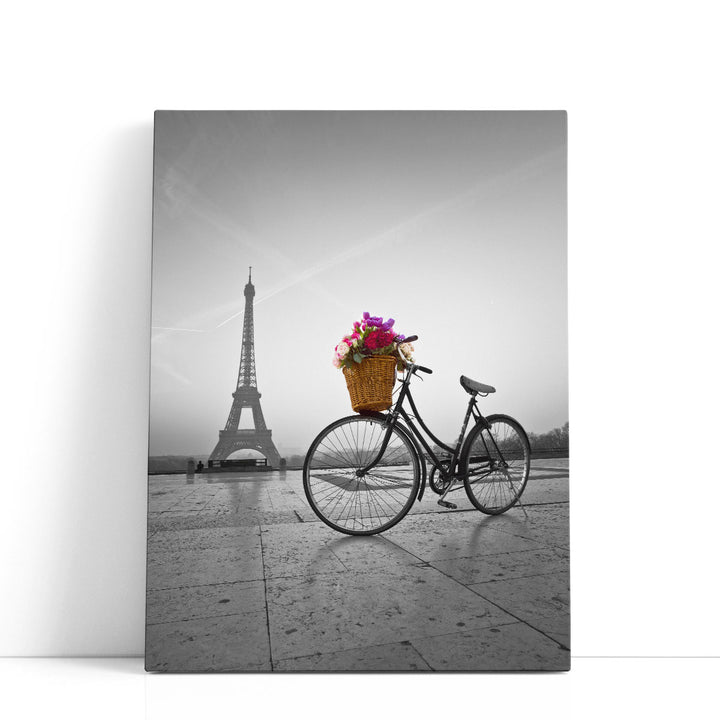 Bicycle With A Basket Of Flowers Next To The Eiffel Tower - Canvas Print Wall Art