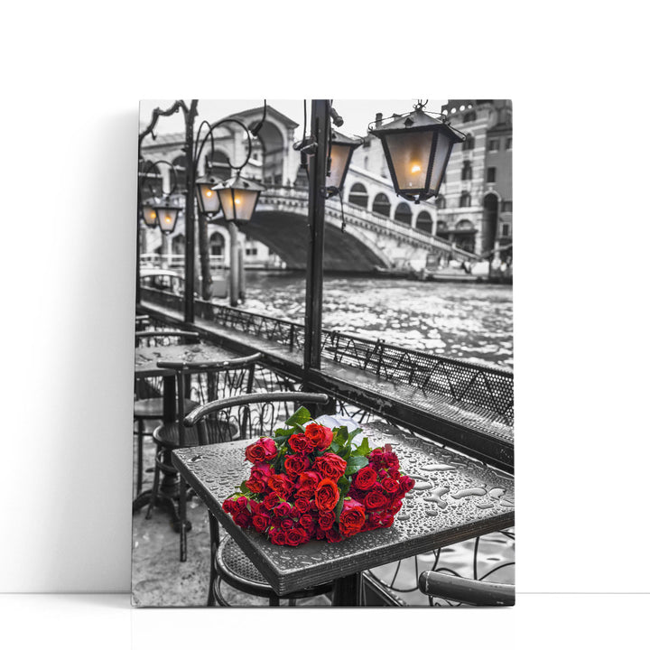 Bunch Of Red Roses On Street Cafe Table, Rialto Bridge - Canvas Print Wall Art